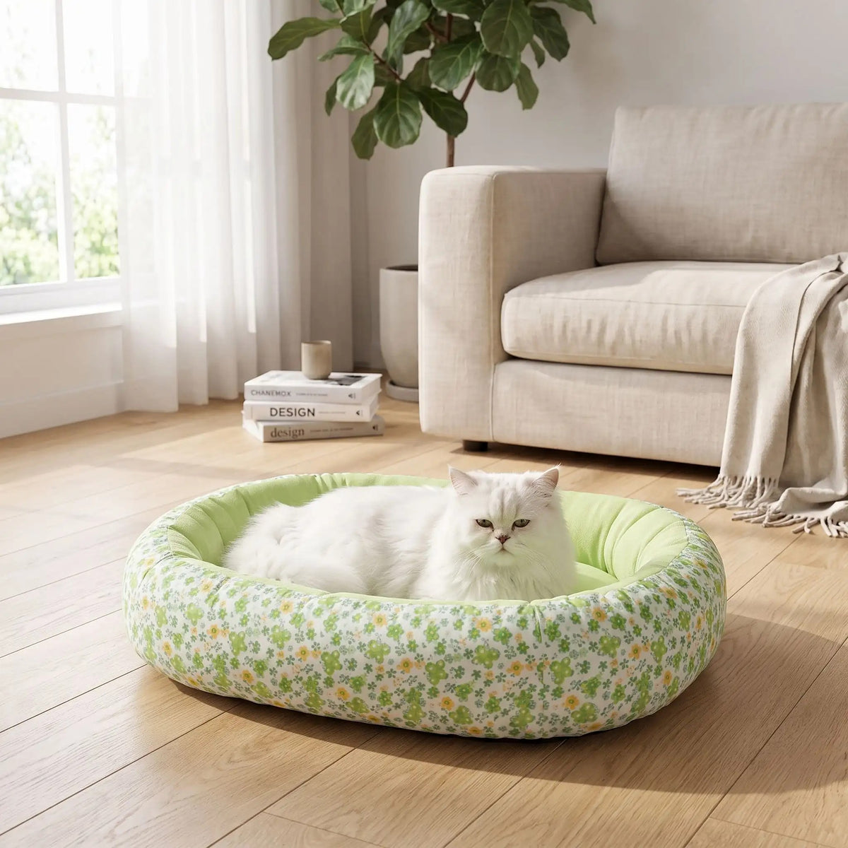 coussin chat de couleur vert et blanc de motif fleuri avec un beau chat blanc qui dort dessus