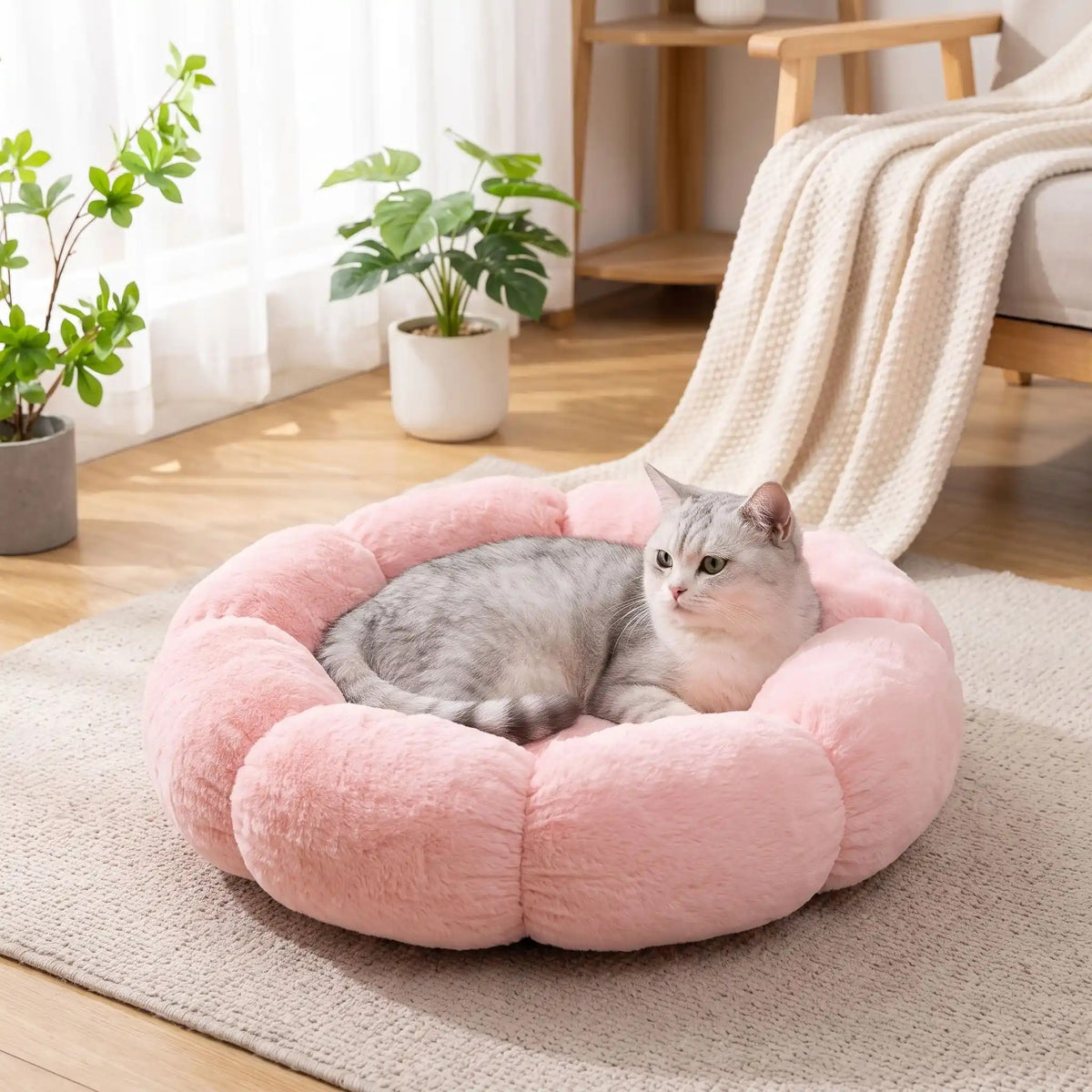 coussin pour chat rose en forme de fleur avec un beau chat gris dessus dans un salon bien décorer et chic