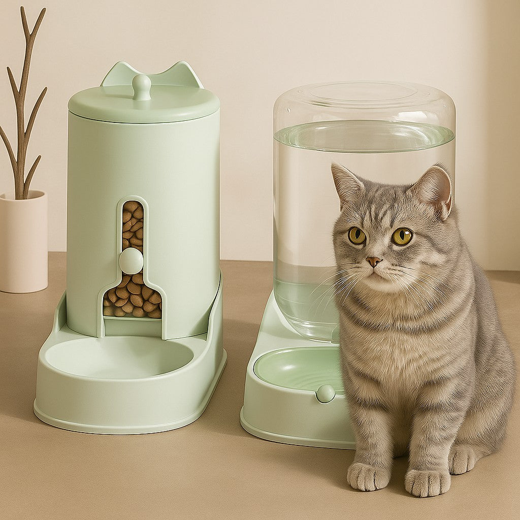 distributeur croquette chat vert avec chat