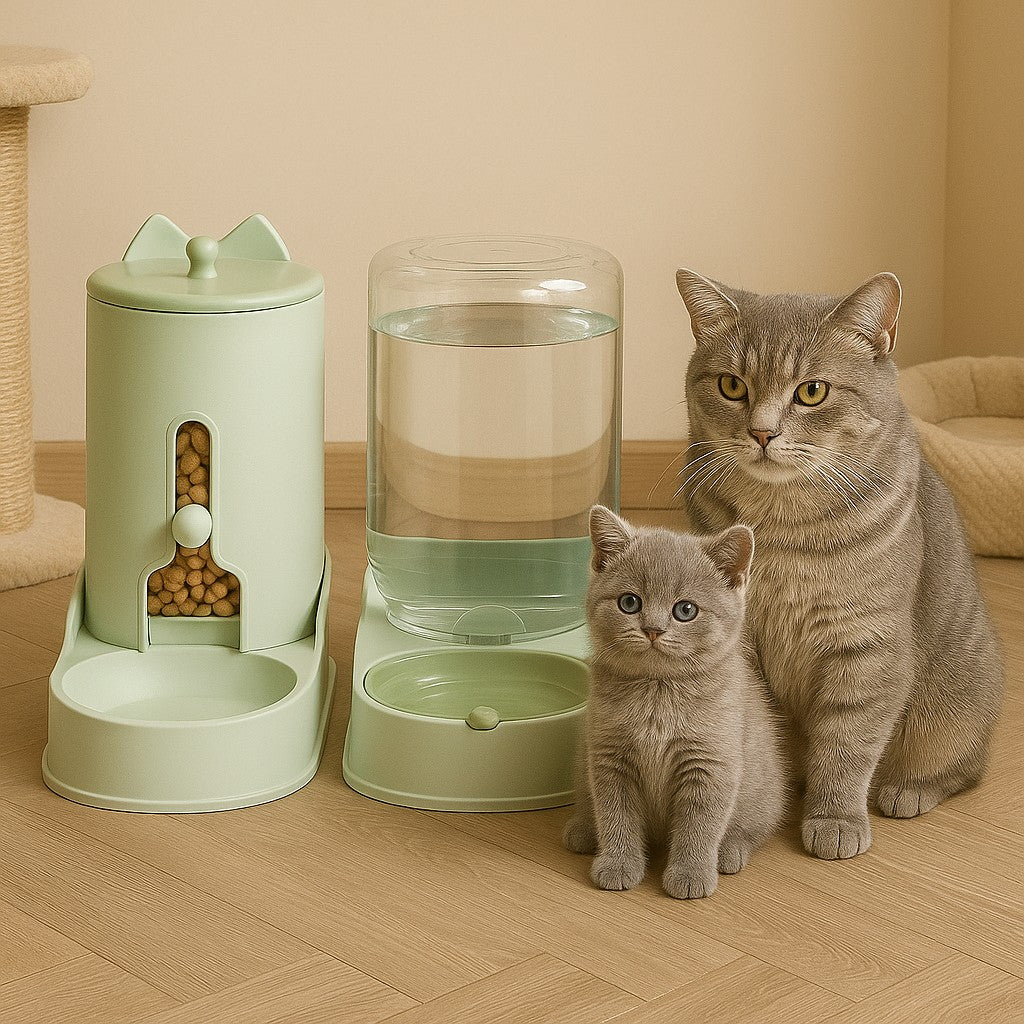 distributeur croquette chat vert avec deux chats