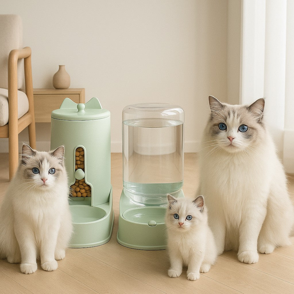 distributeur croquette chat vert avec trois chats