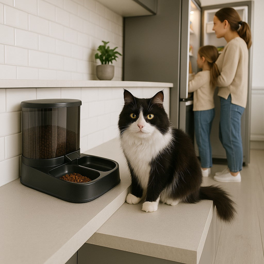 distributeur croquettes chat avec chat noir blanc