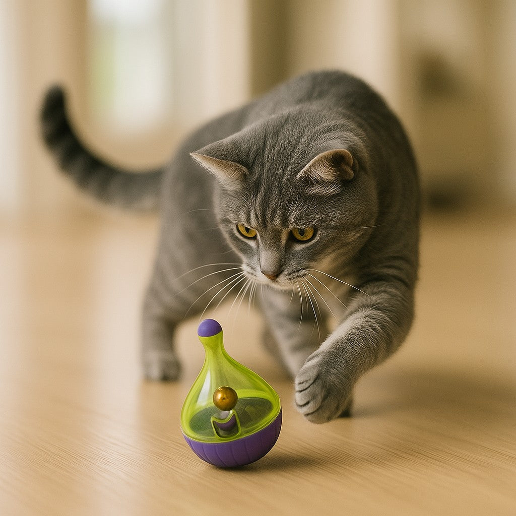 distributeur de croquettes pour chat avec chat gris