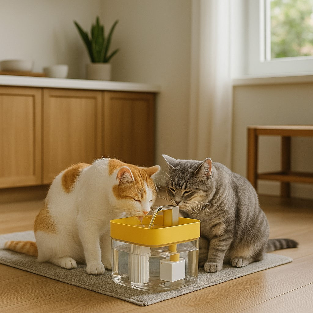 fontaine a eau chat avec deux chats qui boivent
