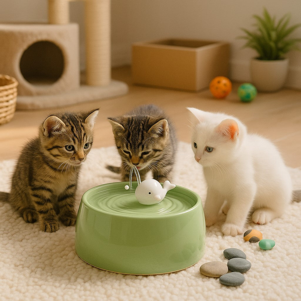 fontaine a eau chat avec trois chats