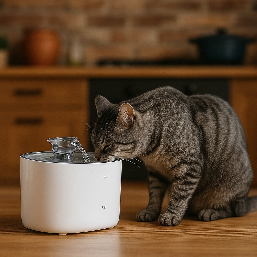 fontaine a eau pour chat dans une cuisine rustique