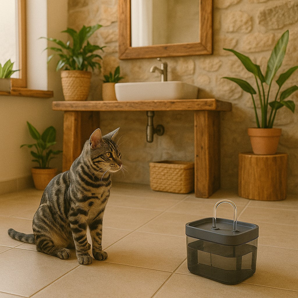 fontaine eau chat avec un chat tigre et salon