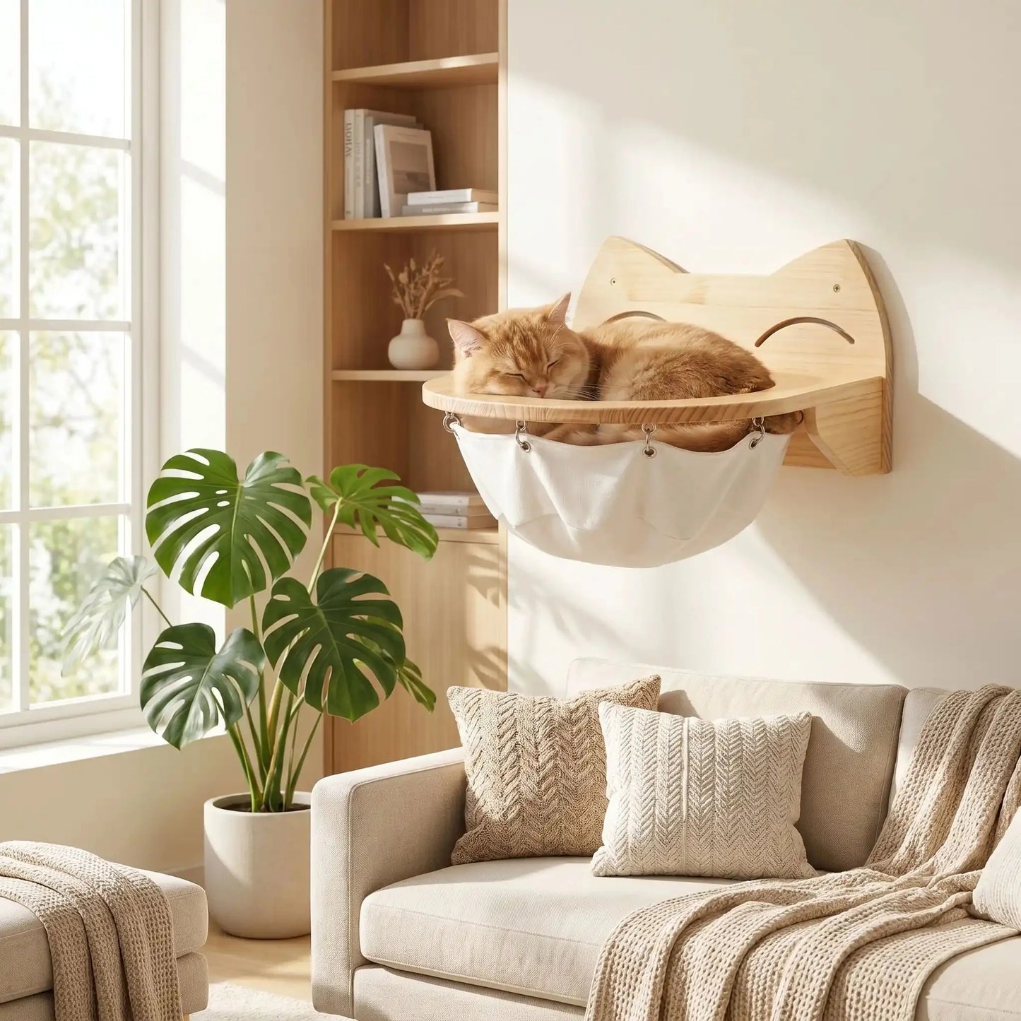 Hamac Mural pour Chat Beige â Perchoir en Bois