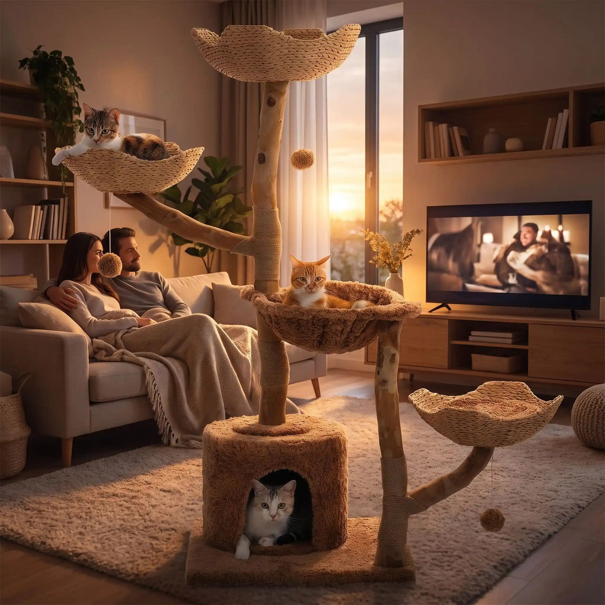 Arbre a chat de couleur marron dans un beau salon avec un homme et une femme assis sur le canapé regardant la télévision et que leurs chats sont bien installés dans l'arbre a chat