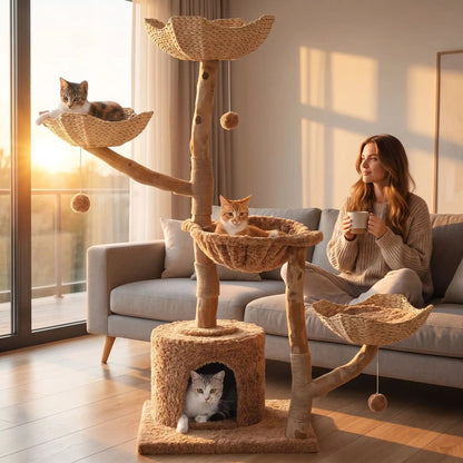 Arbre a chat dans de couleur marron dans un salon moderne avec une grande fenêtre en voyant un beau coucher de soleil avec un femme qui bois une tisane bien sereine en regardant ses chats dans l'arbre