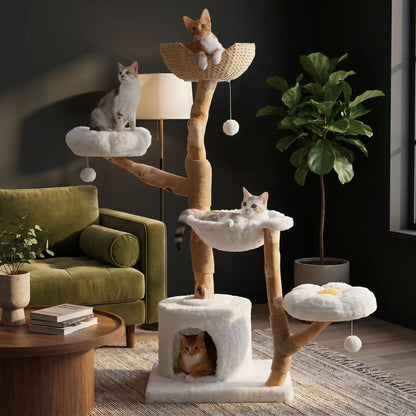Arbre a chat de couleur blanc avec trois chats dedans bien installés pour la sieste dans un salon bien chic et foncé