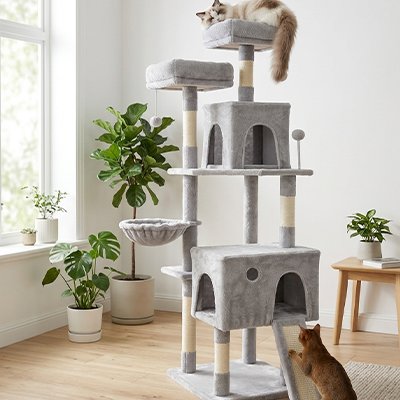 Arbre à chat de couleur gris clair avec deux chat un qui est coucher en hauteur et l'autre qui fait ses griffe sur le petit griffoir intégré