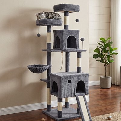 Arbre à chat de couleur gris foncé avec un beau chat rayé qui dort paisiblement sur un place propice au sieste