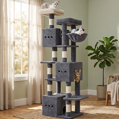 Arbre à chat de couleur gris foncé dans le coin dans un salon chic et l'arbre est généreux en hauteur
