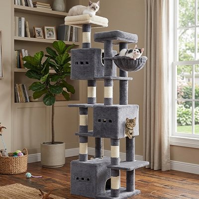 Arbre à chat de couleur gris foncé de haute grandeur dans un salon chic et moderne avec trois chats bien installés pour leur sieste