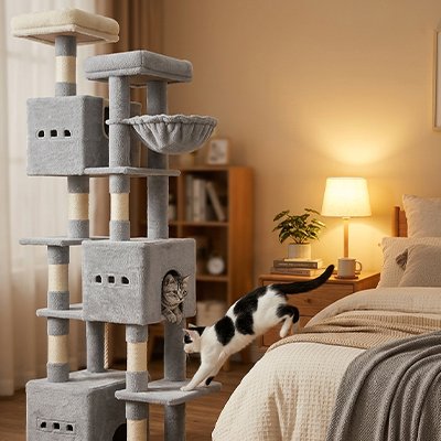 Arbre à chat de couleur gris pâle de haute grandeur dans un chambre à coucher chaleureuse avec des chats bien heureux