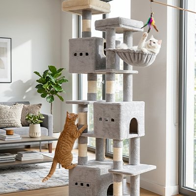 Arbre à chat de couleur gris pâle et très haut avec un chat qui joue et un autre qui s'installe pour la sieste