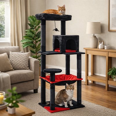 Arbre à chat de couleur rouge et noir avec deux chat qui dorment à chacun leur place sur cet arbre