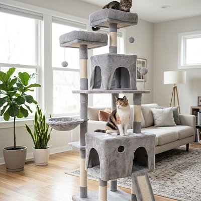 Arbre à chat de gris clair avec deux chat un qui est coucher tout en haut et l'autre assis un peu plus bas