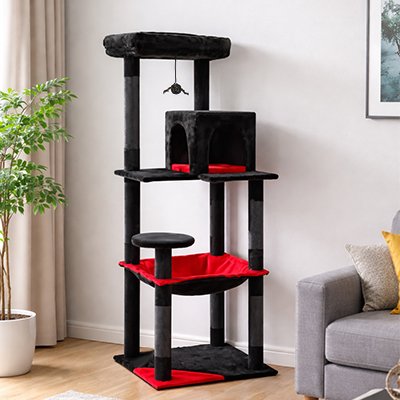 Arbre à chat noir et rouge dans une pièce lumineuse
