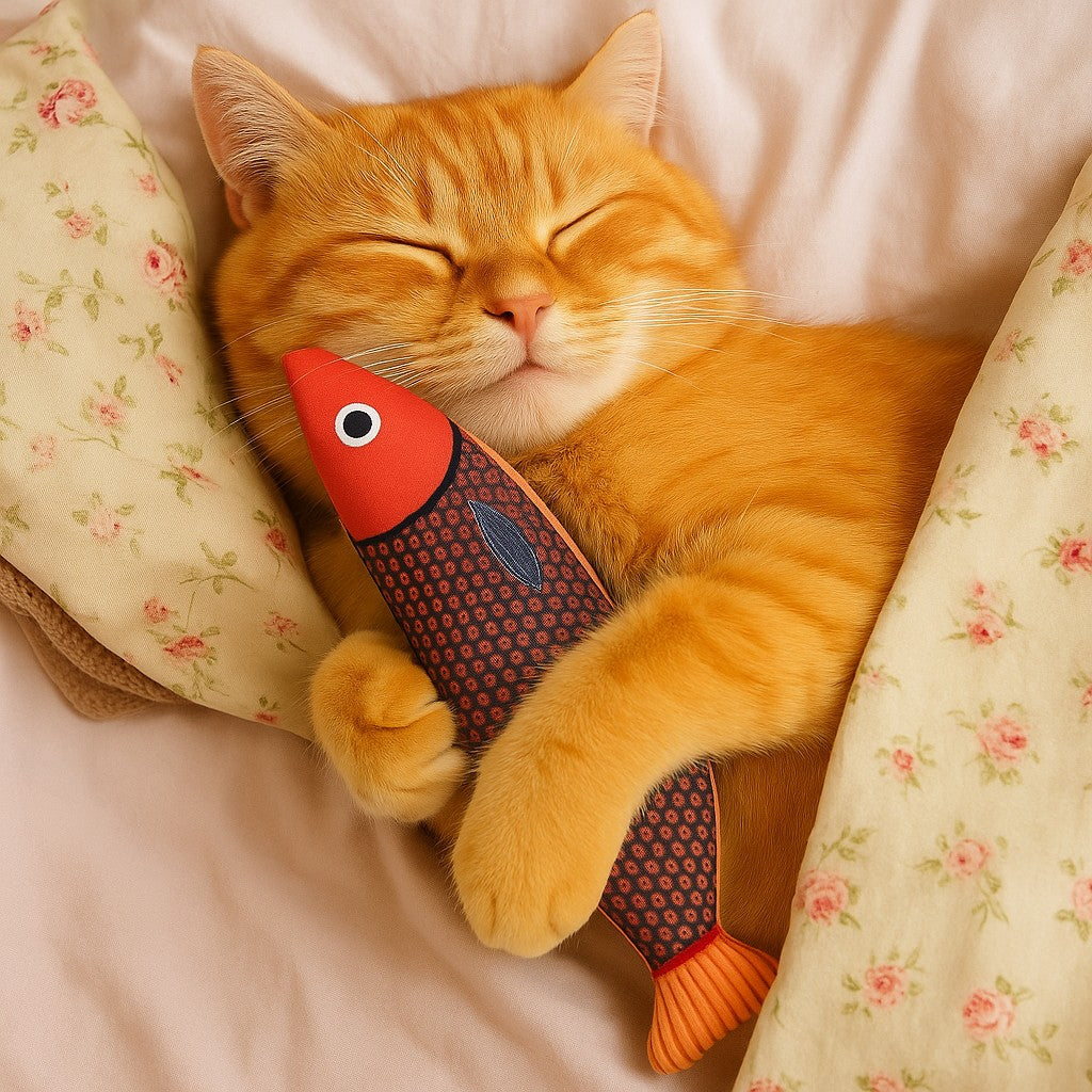 chat jouet poisson avec chat qui dort