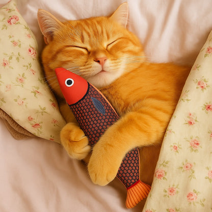 chat jouet poisson avec chat qui dort