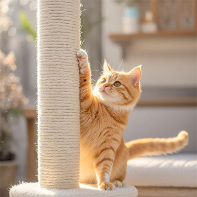 corde arbre a chat blanc en sisal avec chat jaune