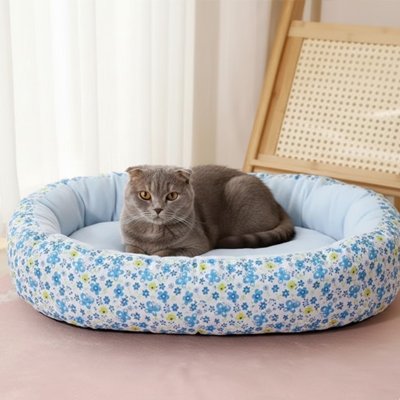 Coussin chat bleu fleuri avec un chat gris dans un bien installer pour la sieste du jour