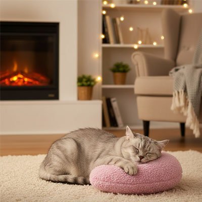 Coussin chat rose en forme de demi lune avec un chat coucher confortablement dans un salon chic