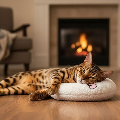 Coussin chat blanc en forme de demi lune avec un beau chat rayé coucher dessus dans un salon avec un foyer
