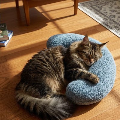 Coussin chat bleu en forme de demi lune avec un chat bien installé dessus et dort paisiblement