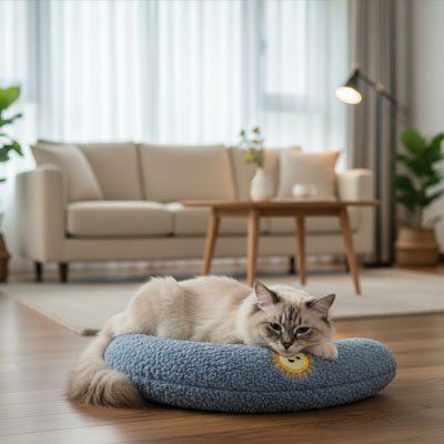 Coussin chat bleu en forme de demi lune avec un petit soleil jaune et un chat installé dessus et près pour la sieste