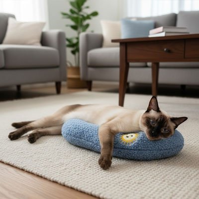 Coussin chat bleu en forme de demi lune avec un soleil jaune brodé dessus et un chat installer pour sa sieste