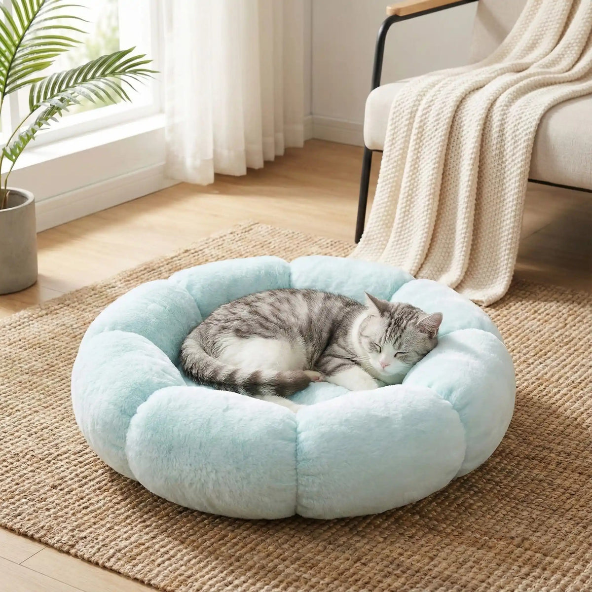 coussin pour chat en forme de fleur de couleur vert avec un beau chat gris et blanc qui dort confortablement