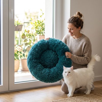 Coussin pour chat avec une femme qui sourit et heureuse de pouvoir offrir ce coussin de couleur cyan a son beau chat blanc