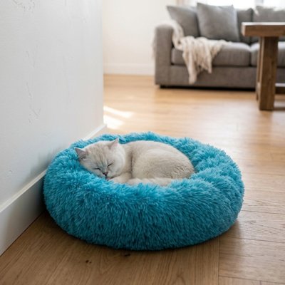 coussins pour chats bleu avec un chat blanc qui dort