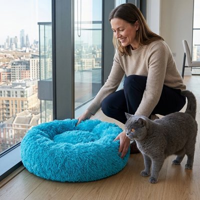 coussins pour chats bleu avec une femme et un chat gris