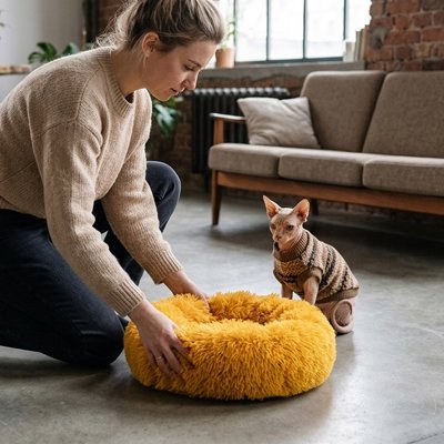 coussins pour chats avec un chat sans poils et une femme