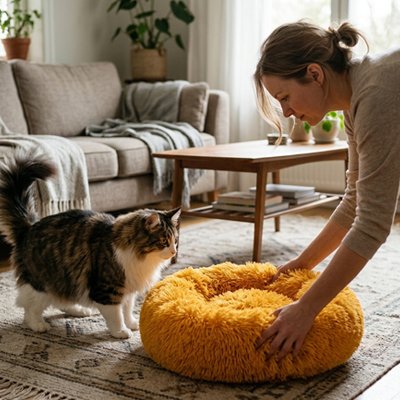 coussins pour chats orange avec une femme et un chat