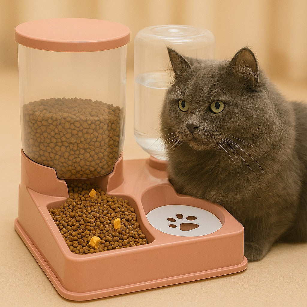 distributeur croquette chat rose avec chat gris