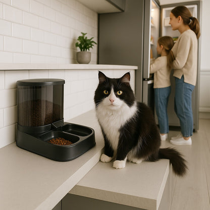 distributeur croquettes chat avec chat noir blanc