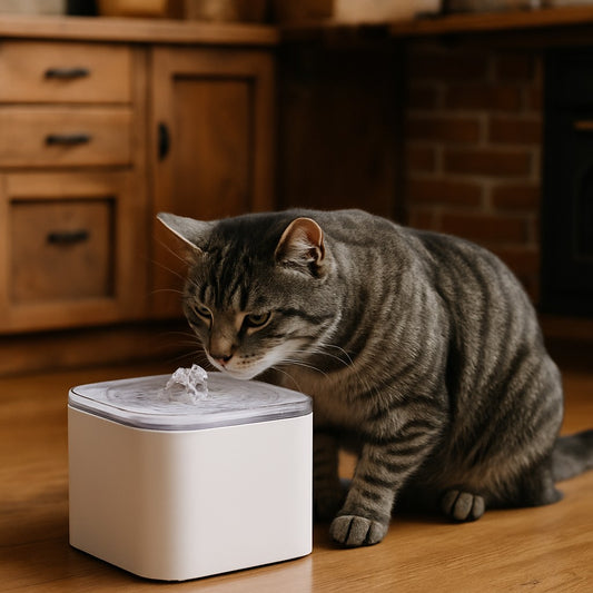 fontaine a eau pour chat avec chat noir et gris
