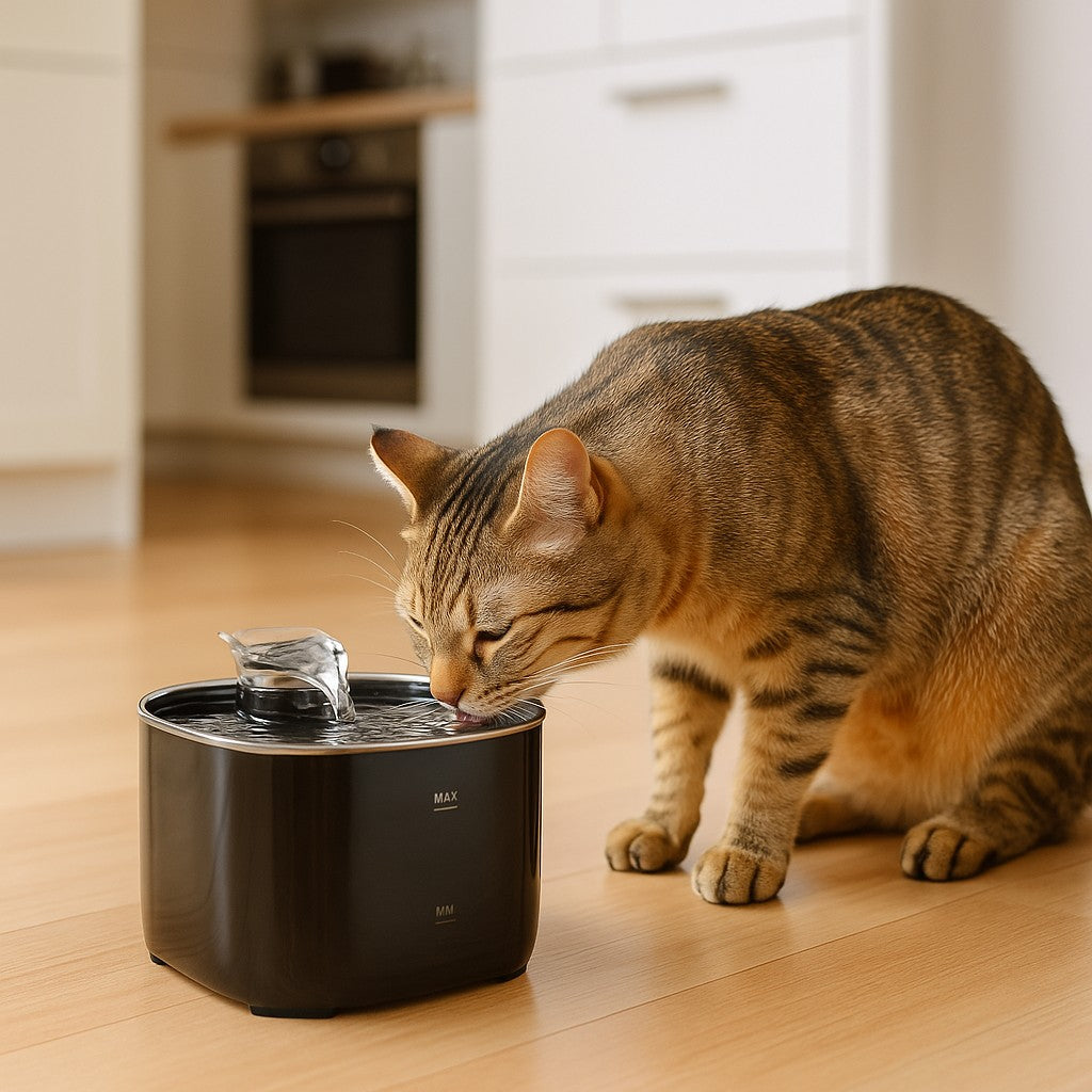 fontaine a eau pour chat avec un chat jaune et gris