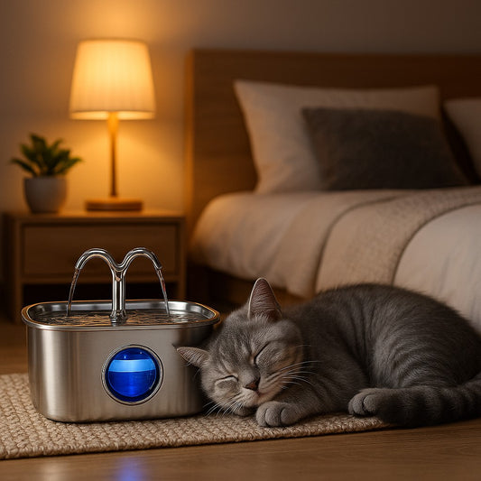 fontaine a eau pour chat dans une chambre avec un chat gris