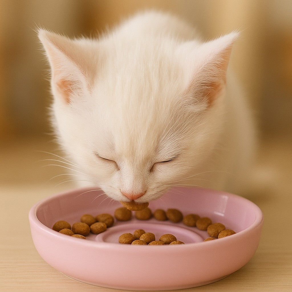 gamelle anti glouton rose avec chat blanc