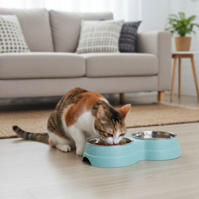 gamelle chat bleue avec chat trois couleurs
