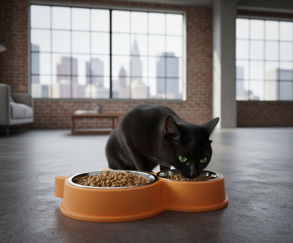 gamelle pour chat avec chat noir yeux vert