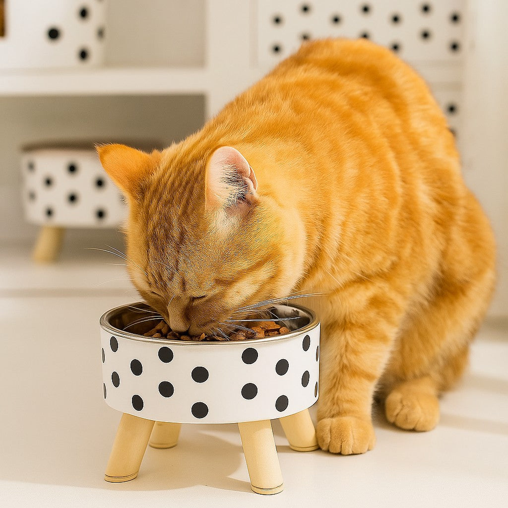 gamelle pour chat avec motif et un chat roux