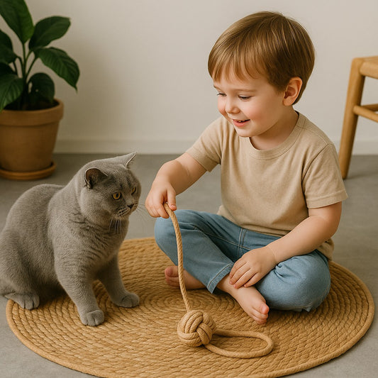 griffoir pour chat avec un enfant et chat