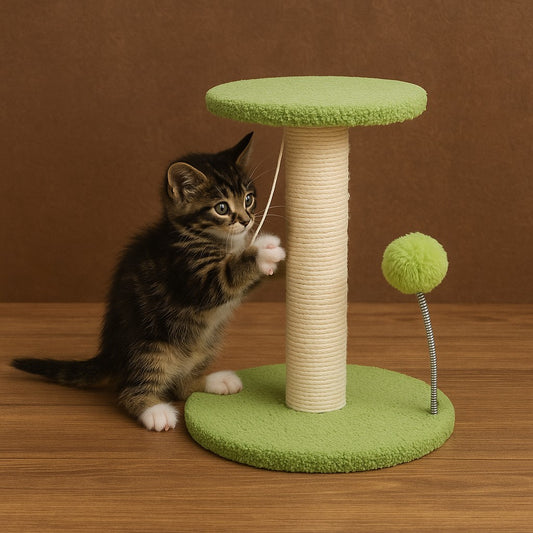 griffoir pour chat vert avec un petit chaton